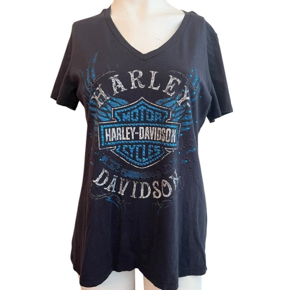 Savannah Georgia Harley Davidson Ladies Large Black T Shirt Studded V Neck Top